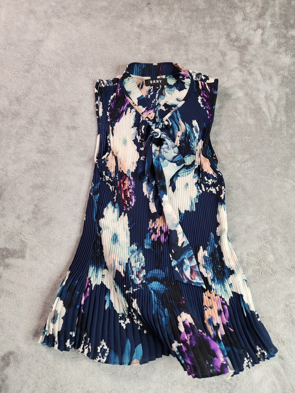 DKNY Navy Floral Pleated Tie-Neck Blouse